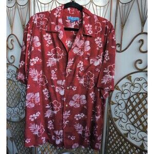 Puritan Mens Red Floral Hibiscus Short Sleeve Button Up Shirt Size M
